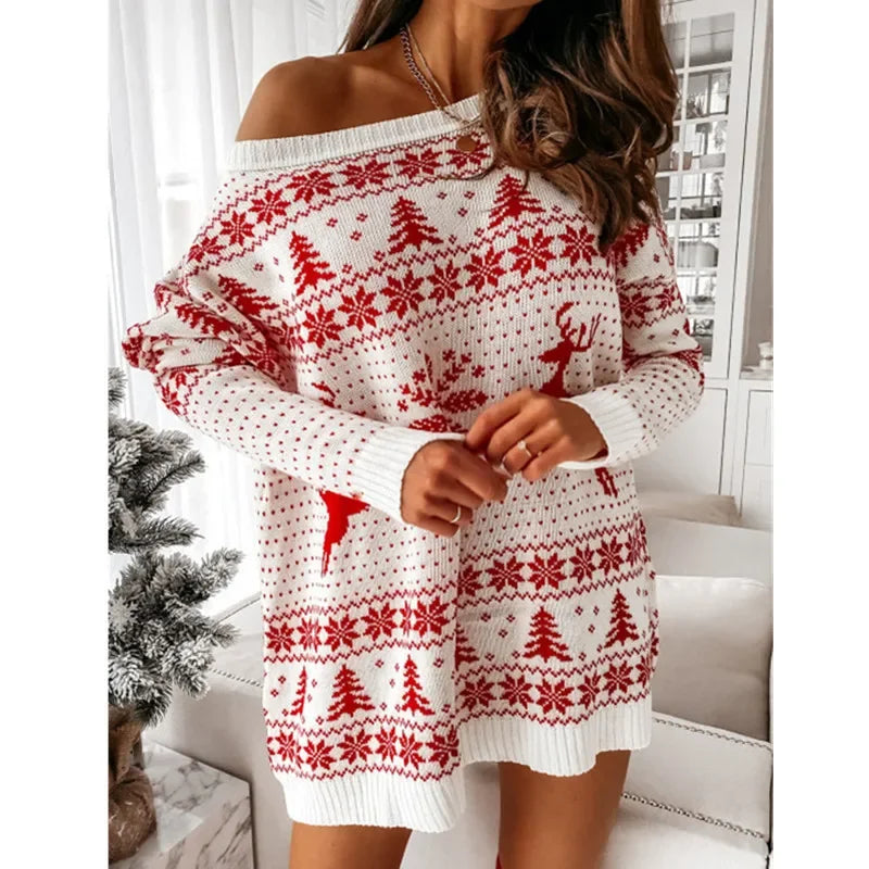 Robe pull en maille de Noël pour femme à manches longues | mini
