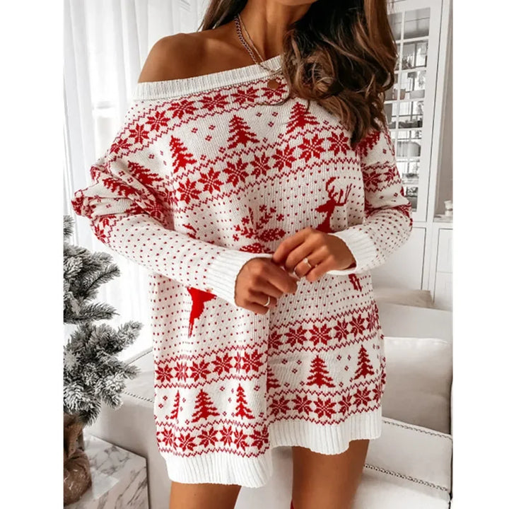 Robe pull en maille de Noël pour femme à manches longues | mini