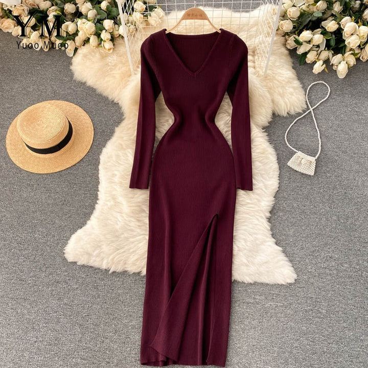 Women’s Ribbed Knit Bodycon Long Sleeves Dress | Maxi