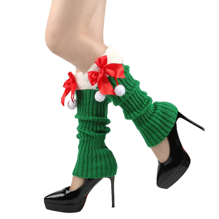 Jambières tricotées de Noël avec nœud pour femme | Hiver