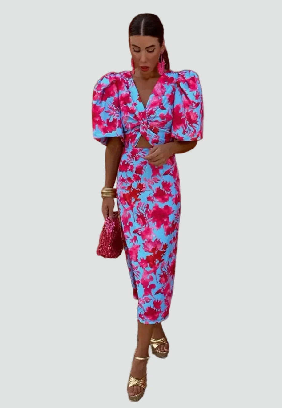 Women's Printed Puff Sleeve Dress | Midi