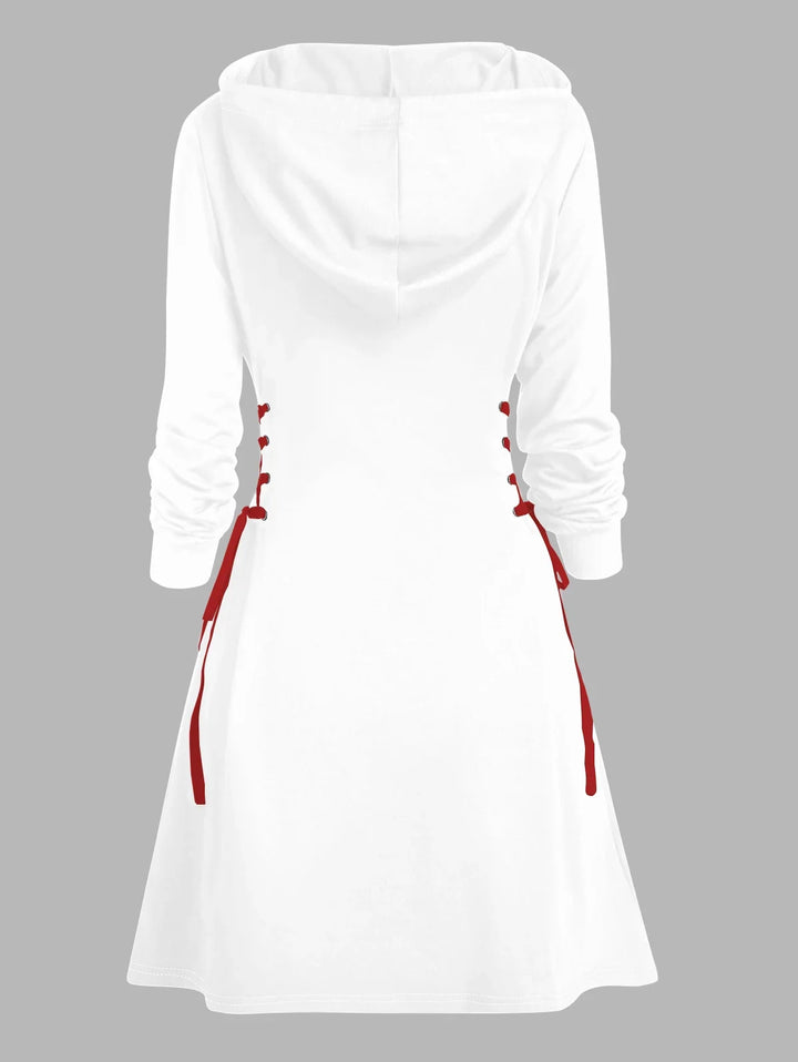 Robe blanche de Noël courte à capuche et à manches longues pour femme