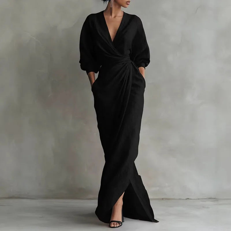 Women's Elegant V-Neck Wrap Dress | Maxi