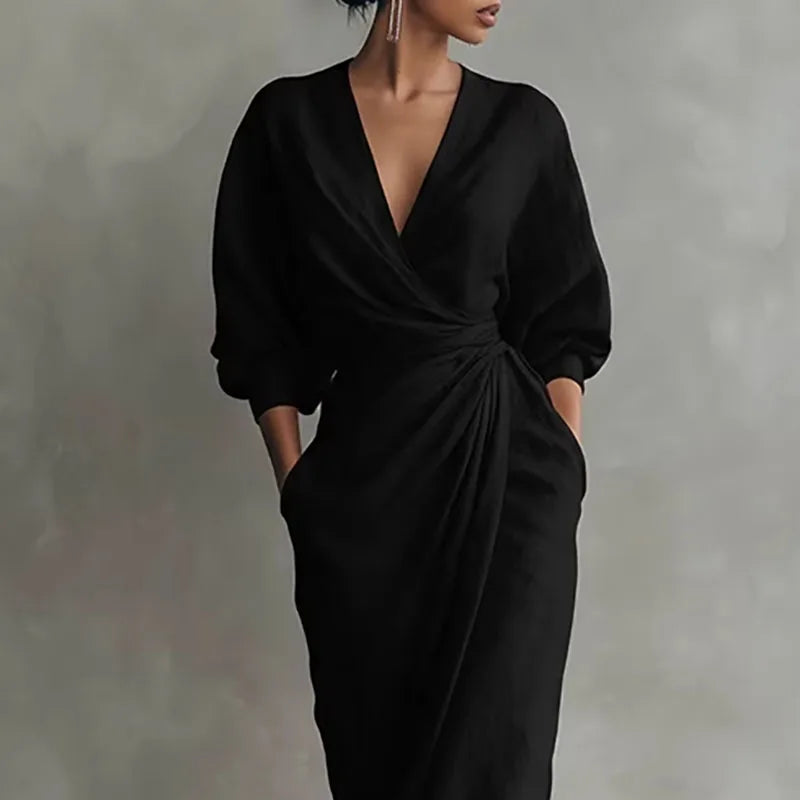 Women's Draped Wrap V-Neck Dress | Maxi