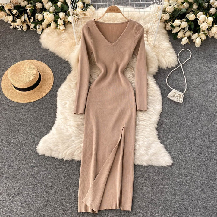 Women’s Ribbed Knit Bodycon Long Sleeves Dress | Maxi