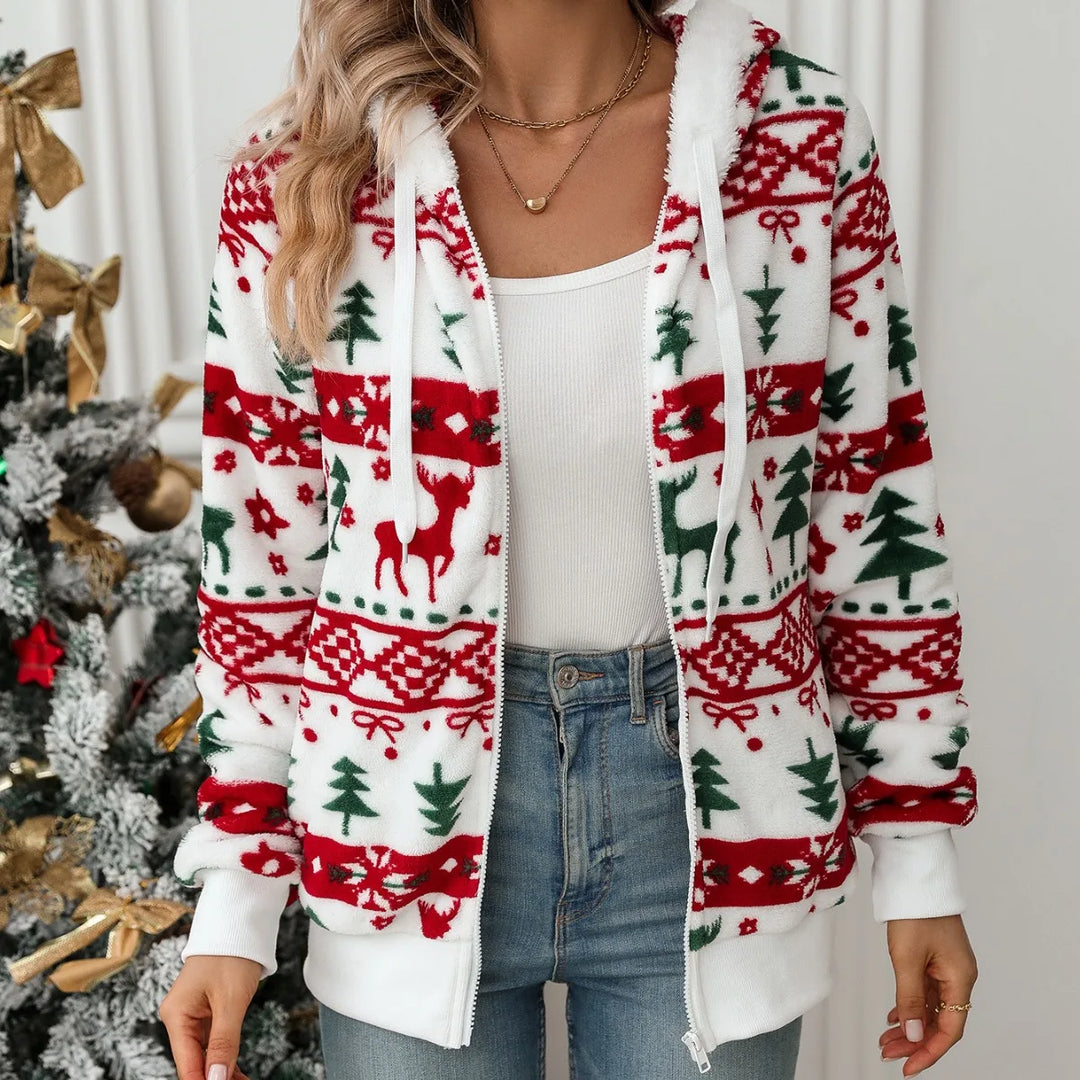 Veste blanche d’hiver de Noël pour femme | fermeture éclair