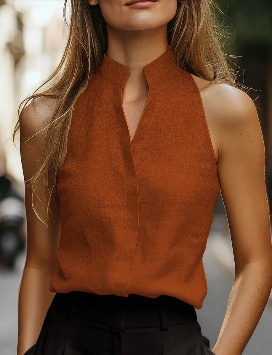 Women's Sleeveless Mandarin-Collar Top | V-Neck