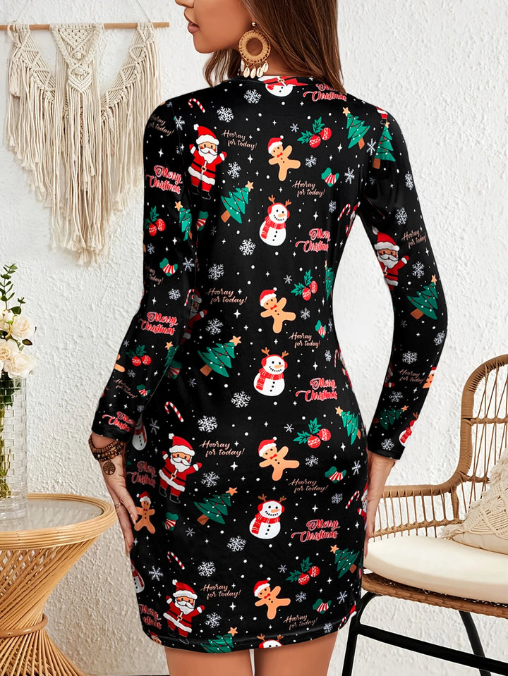 Mini-robe noire de Noël pour femme à manches longues | col rond