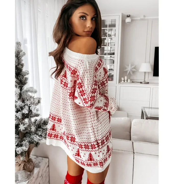Robe pull en maille de Noël pour femme à manches longues | mini