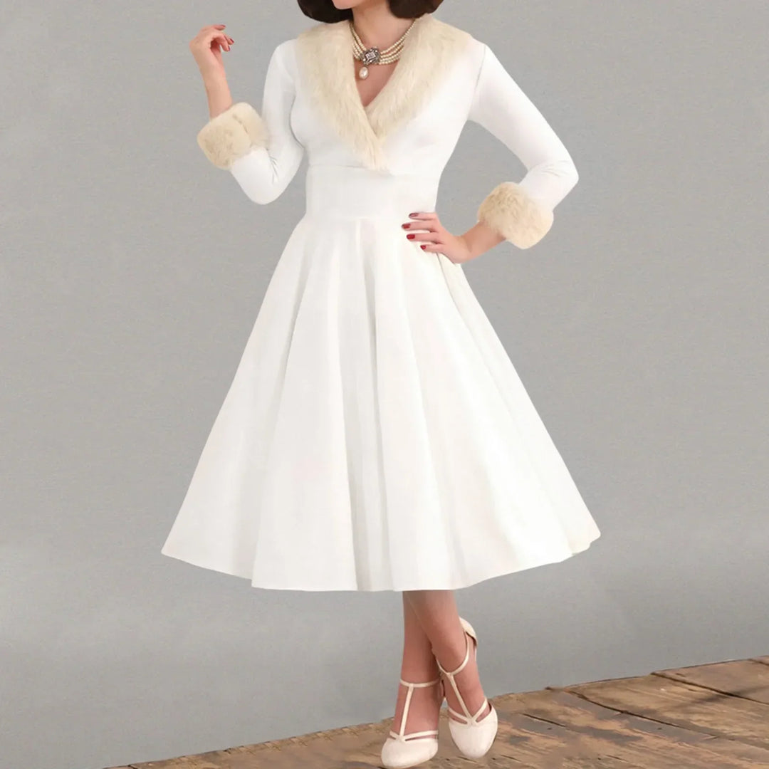 Robe midi de Noël à manches longues et col en V pour femme | Noël
