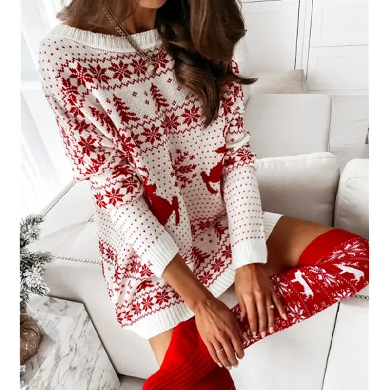 Robe pull en maille de Noël pour femme à manches longues | mini