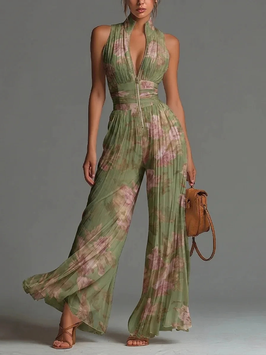 Women's Floral Print Pleated Jumpsuit | Wide Leg