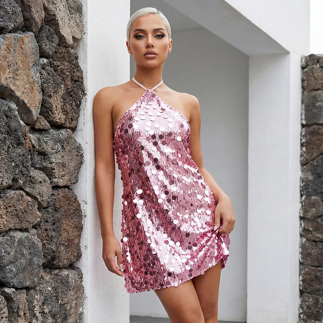Robe de fête à paillettes sans manches pour femme | Mini