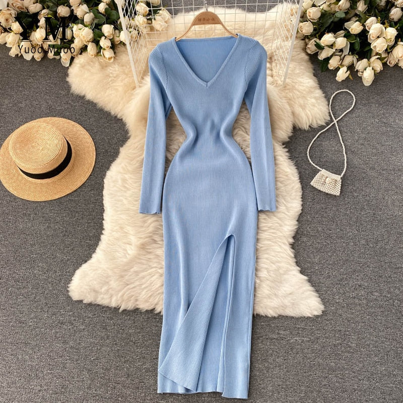 Women’s Ribbed Knit Bodycon Long Sleeves Dress | Maxi