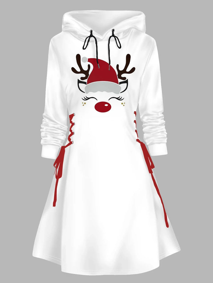 Robe blanche de Noël courte à capuche et à manches longues pour femme
