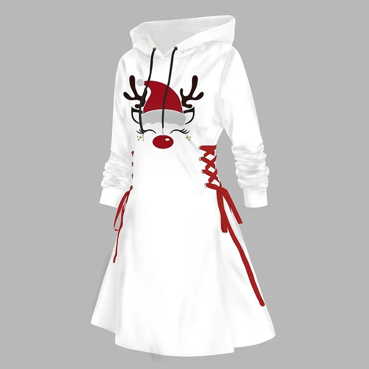 Robe blanche de Noël courte à capuche et à manches longues pour femme