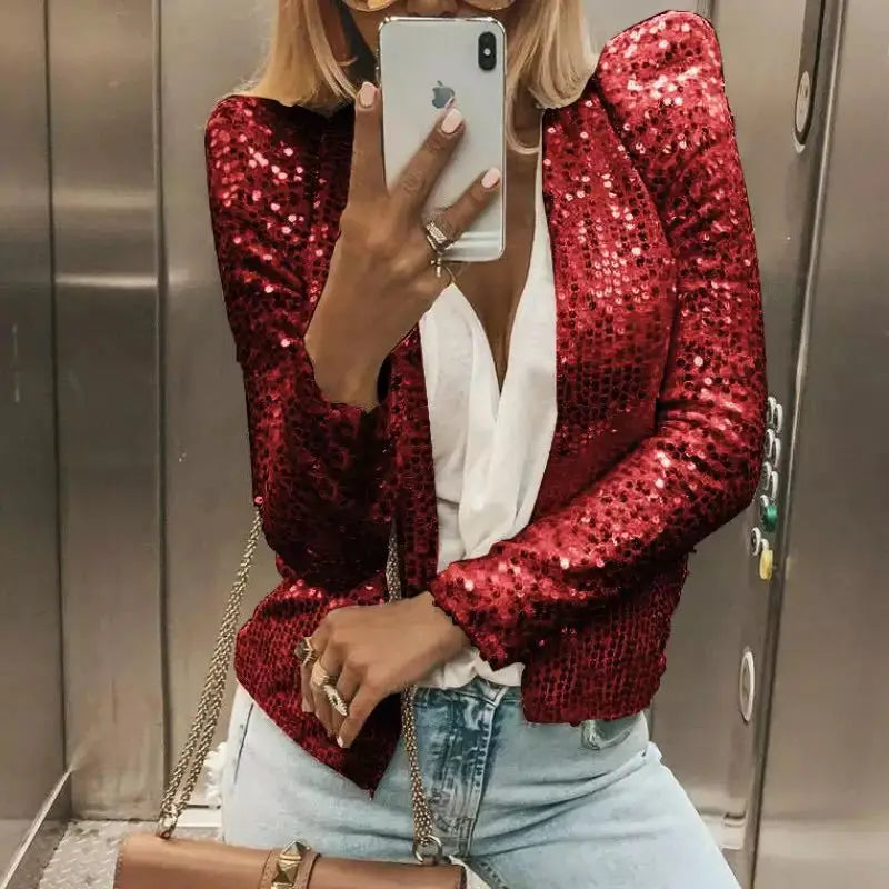 Blazer court à sequins pour femme à manches longues | soirée