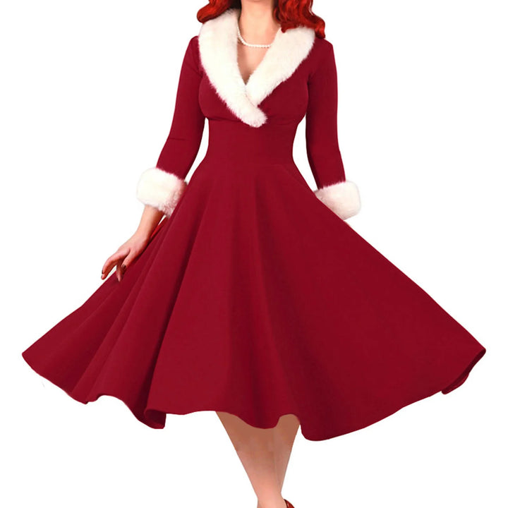 Robe midi de Noël à manches longues et col en V pour femme | Noël