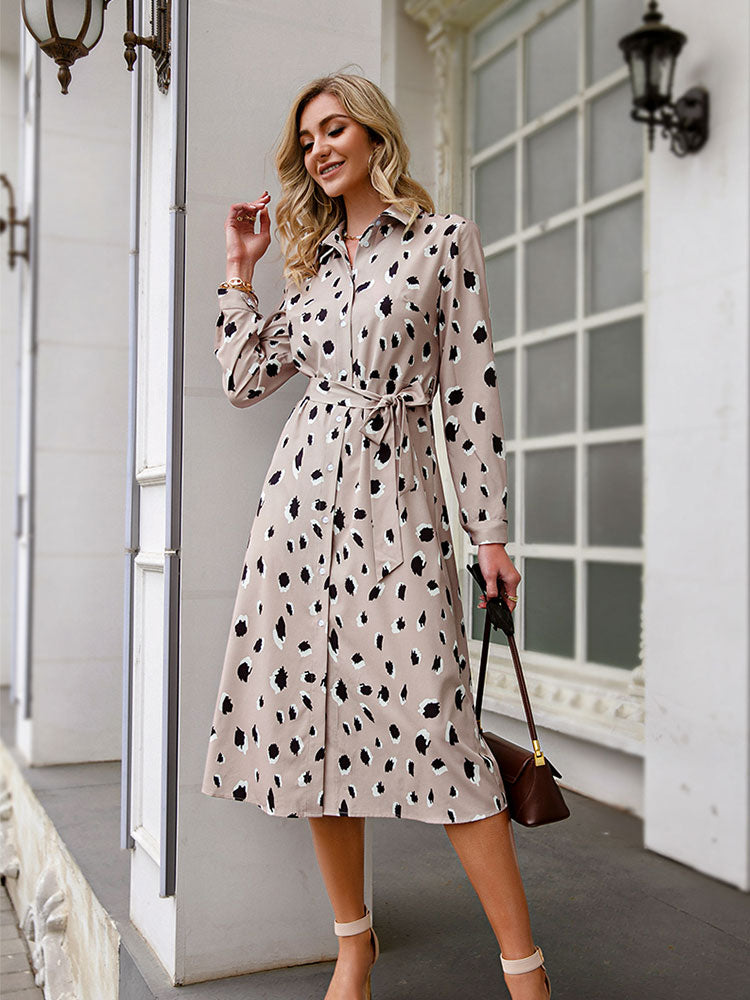 Women’s Printed Shirt Dress with Tie Waist | Midi