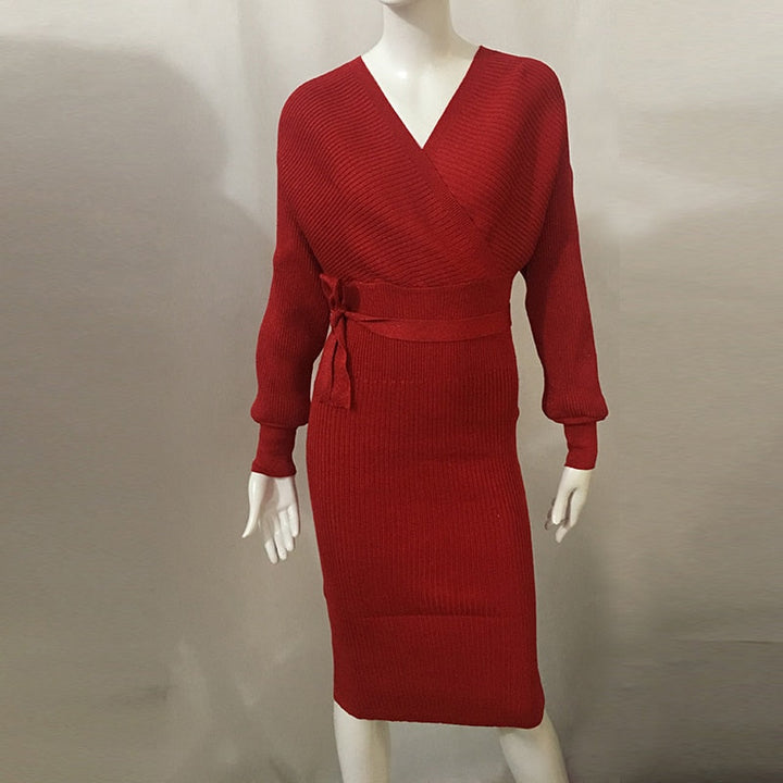 Women’s Knitted Batwing Dress with Tie Belt | Midi