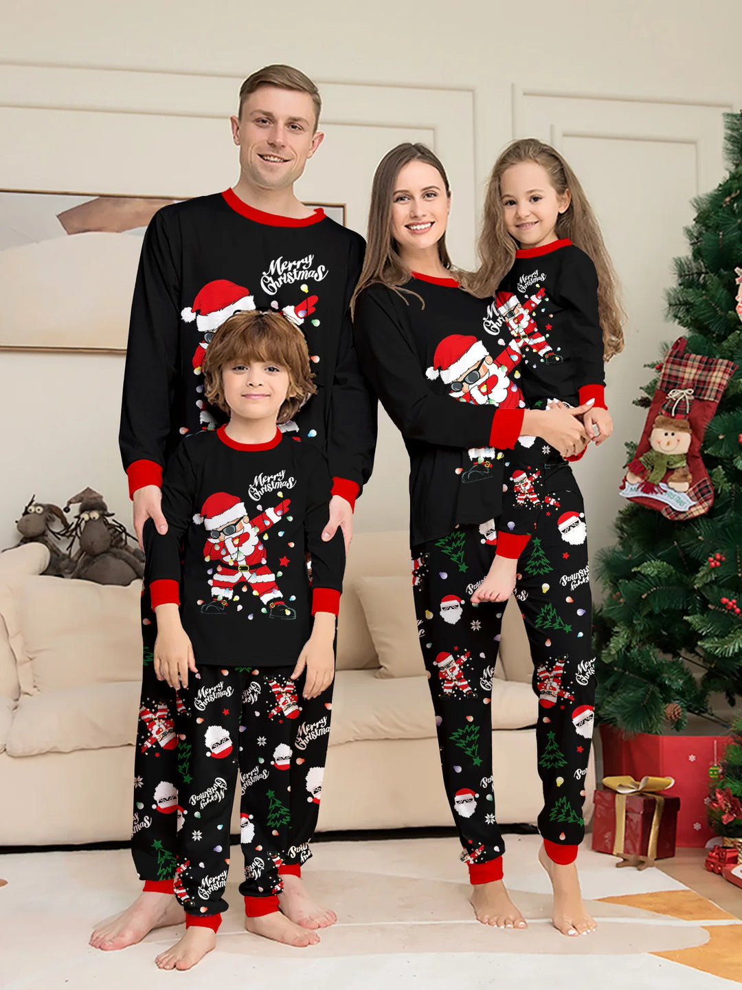 Ensemble de pyjamas de Noël assortis pour toute la famille avec haut à manches longues et pantalon | noir
