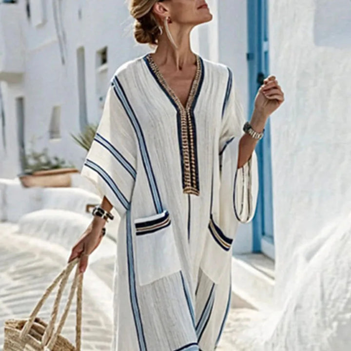 Women's Striped V-Neck Kaftan Dress | Maxi