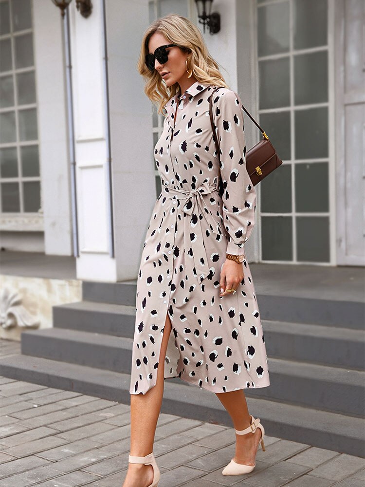 Women’s Printed Shirt Dress with Tie Waist | Midi