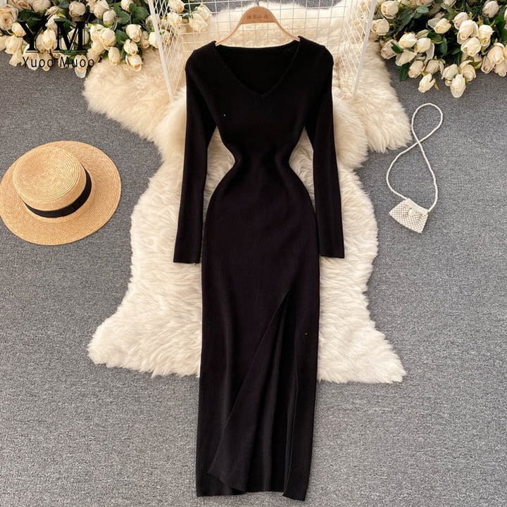Women’s Ribbed Knit Bodycon Long Sleeves Dress | Maxi