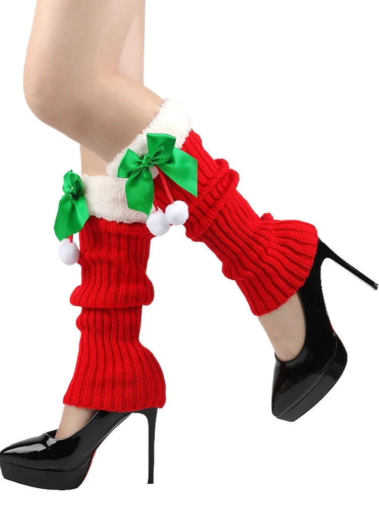 Jambières tricotées de Noël avec nœud pour femme | Hiver