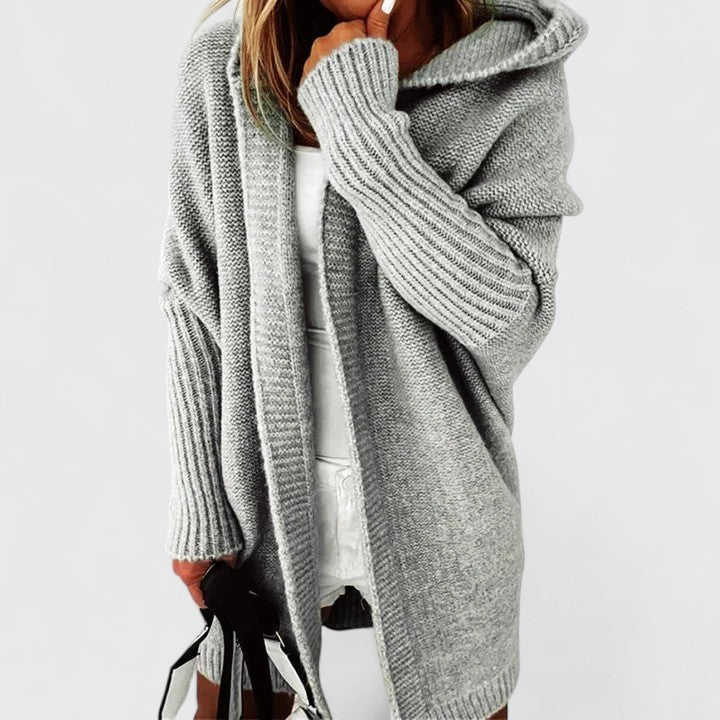 Gilet tricoté long pour femme | à capuche