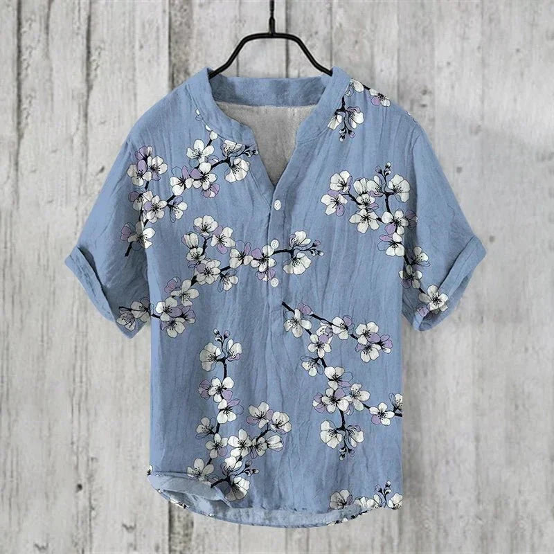 Men's Vintage Floral Notch Neck Shirt |  Short Sleeves