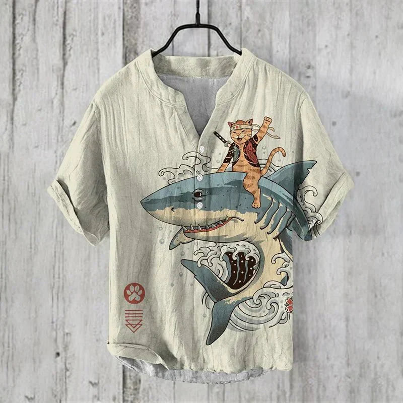 Men's Vintage Floral Notch Neck Shirt |  Short Sleeves