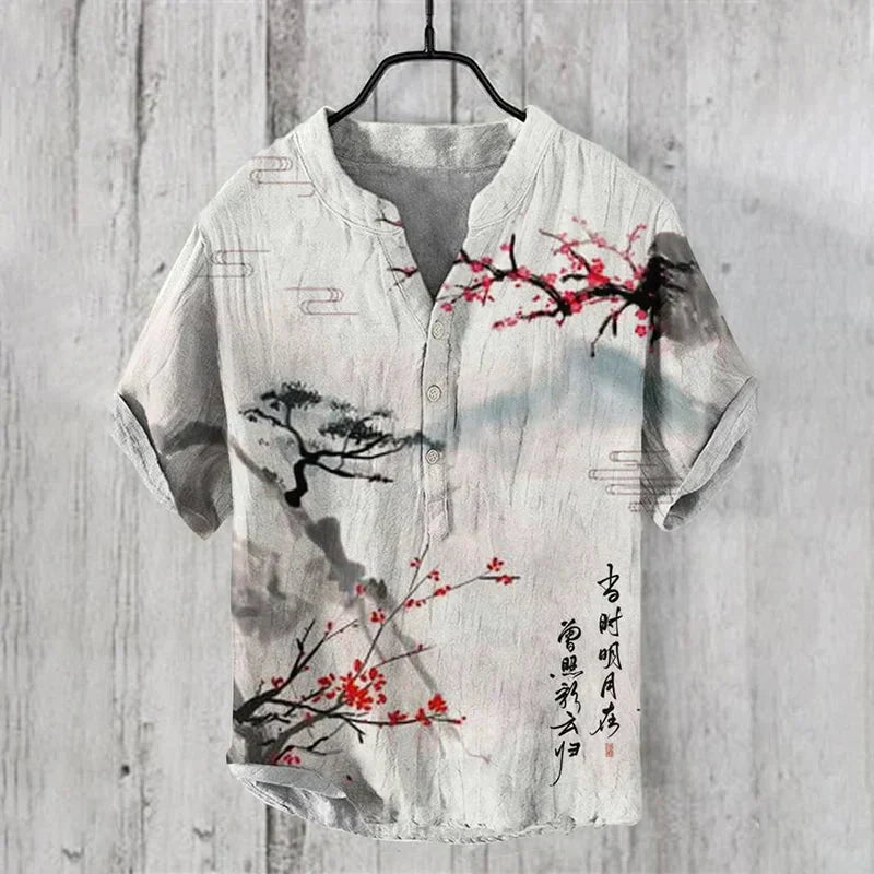 Men's Vintage Floral Notch Neck Shirt |  Short Sleeves