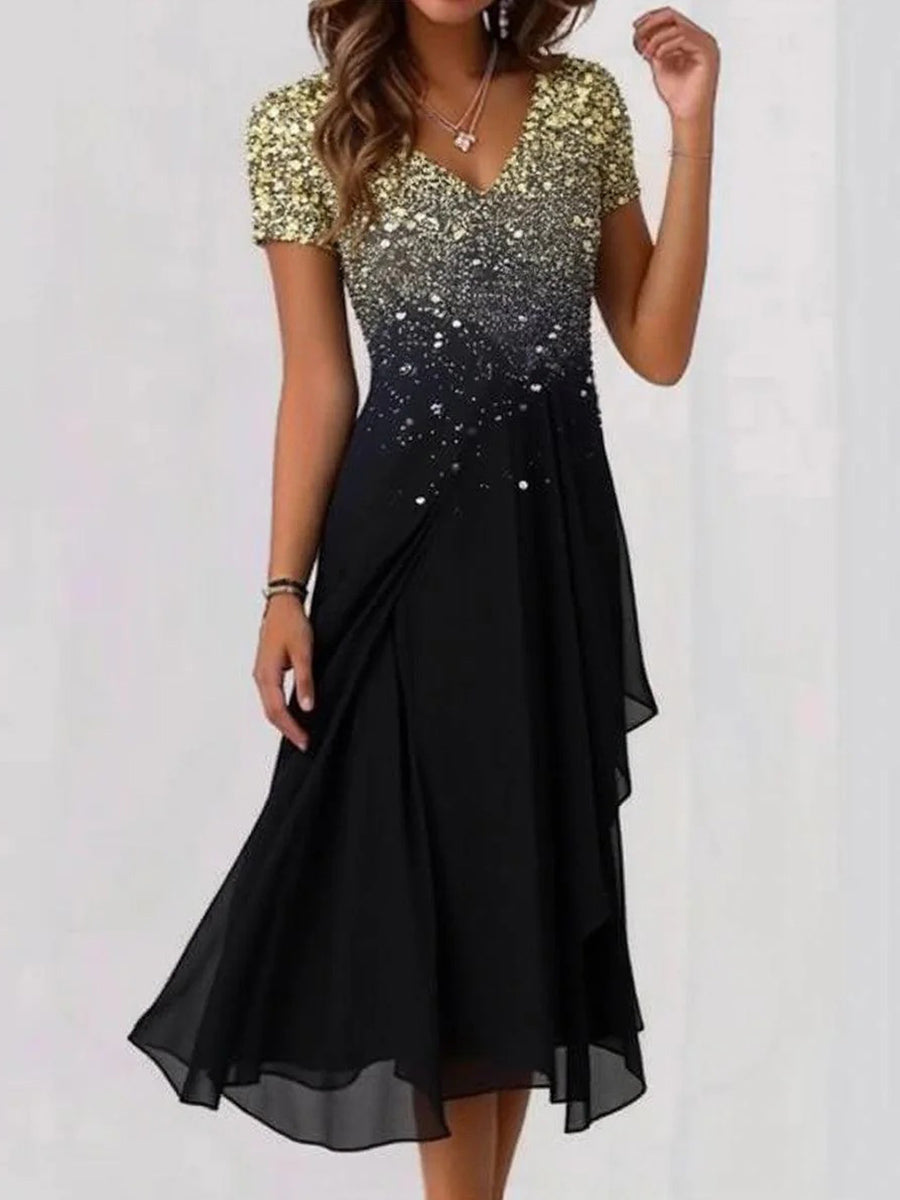 Women's Sequin V-Neck Asymmetric Dress | Midi