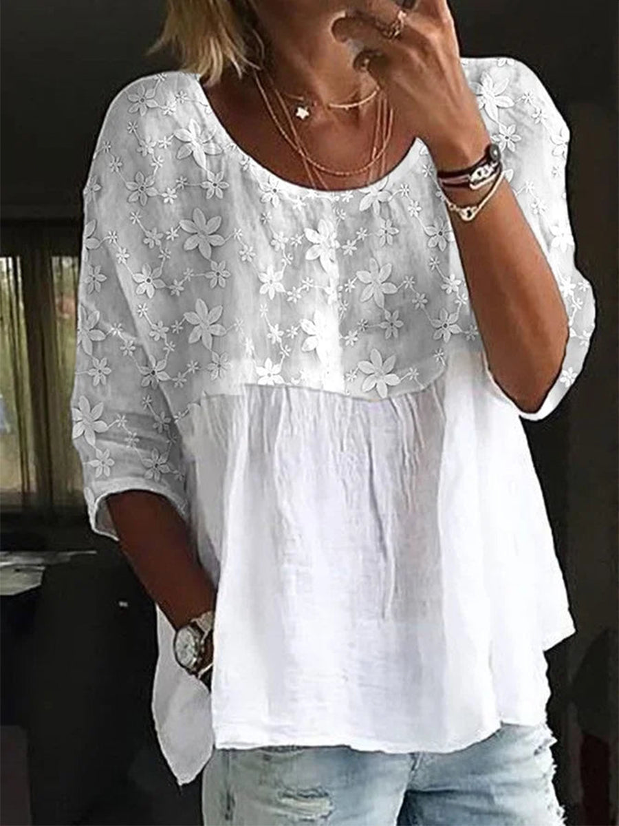 Women's Floral Embroidered Patchwork Loose Blouse | Casual