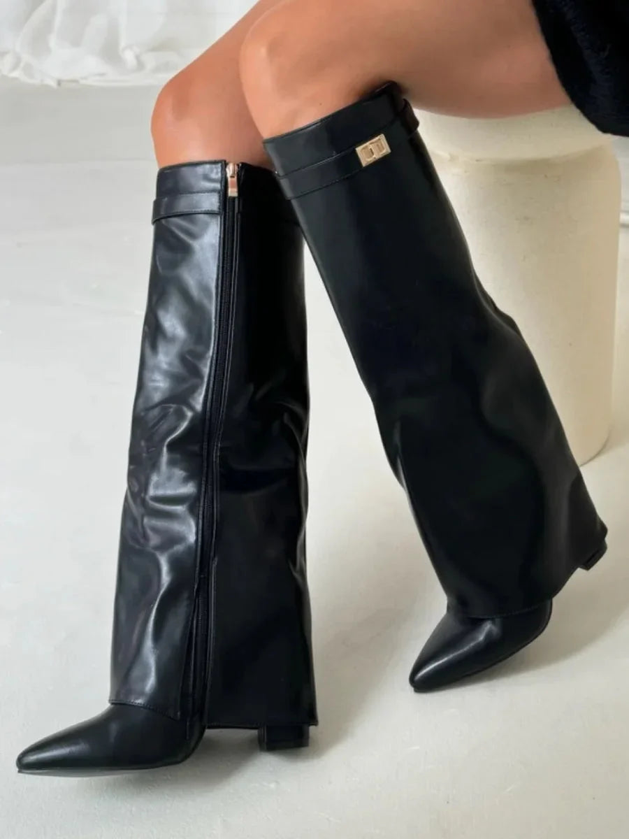 Women's Elegant Metallic Detail Knee High Boots | Side Zip