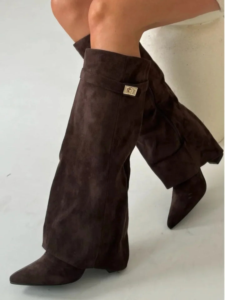 Women's Elegant Metallic Detail Knee High Boots | Side Zip
