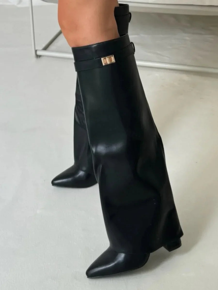 Women's Elegant Metallic Detail Knee High Boots | Side Zip