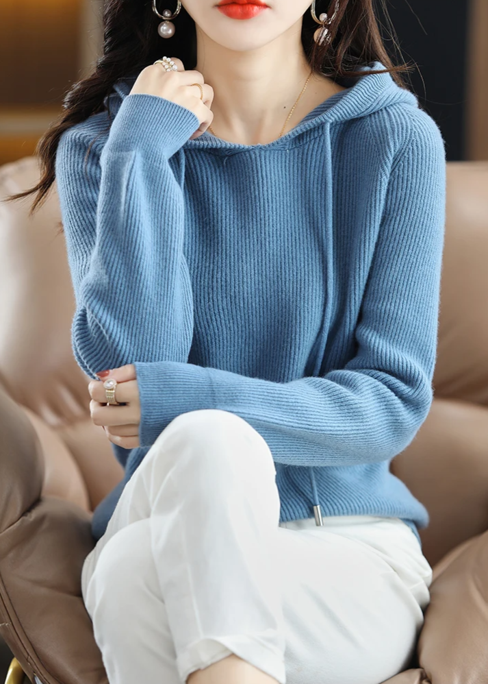 Women's Drawstring Ribbed Knitted Hoodie | Winter