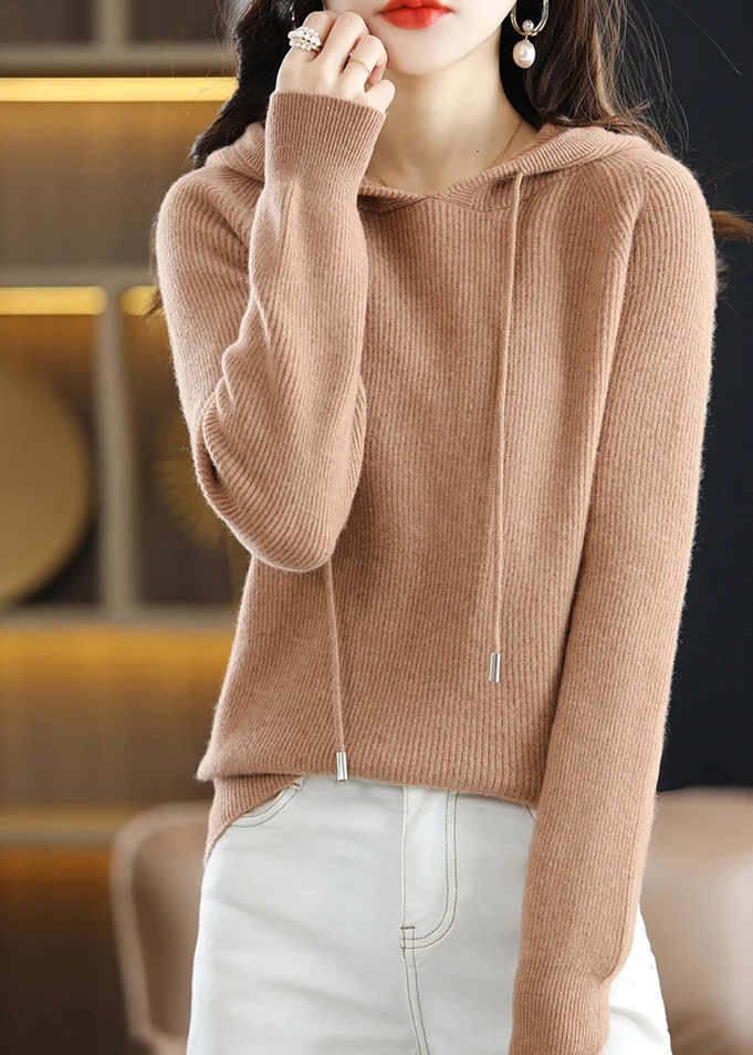 Women's Drawstring Ribbed Knitted Hoodie | Winter
