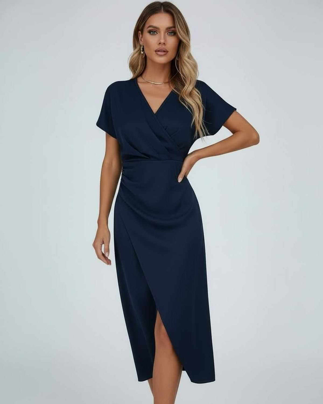 Women’s Elegant Draped Waist Split Hem Wrap Dress | Midi
