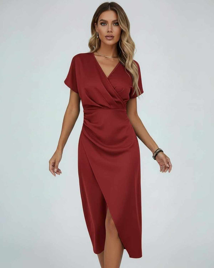 Women’s Elegant Draped Waist Split Hem Wrap Dress | Midi