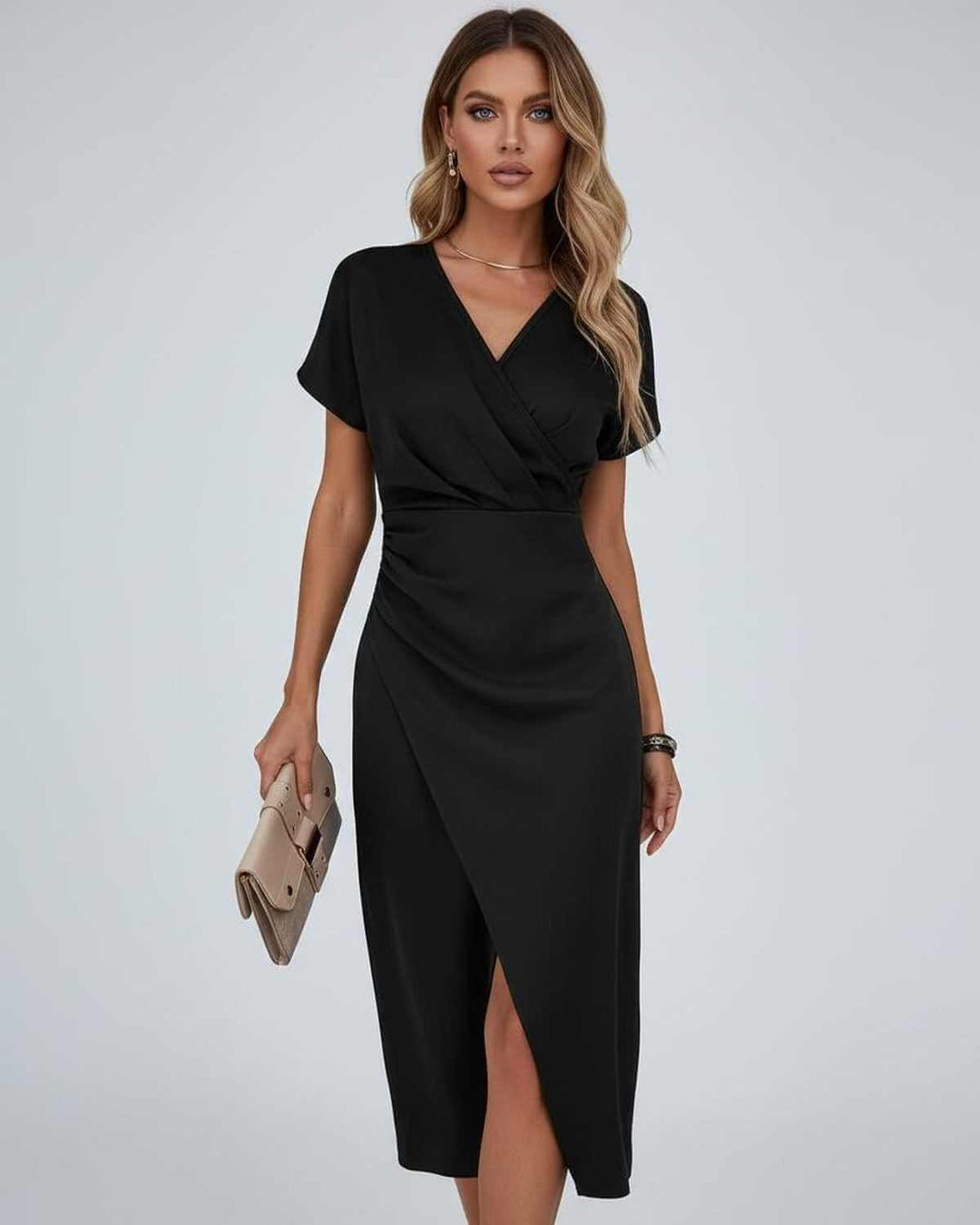 Women’s Elegant Draped Waist Split Hem Wrap Dress | Midi