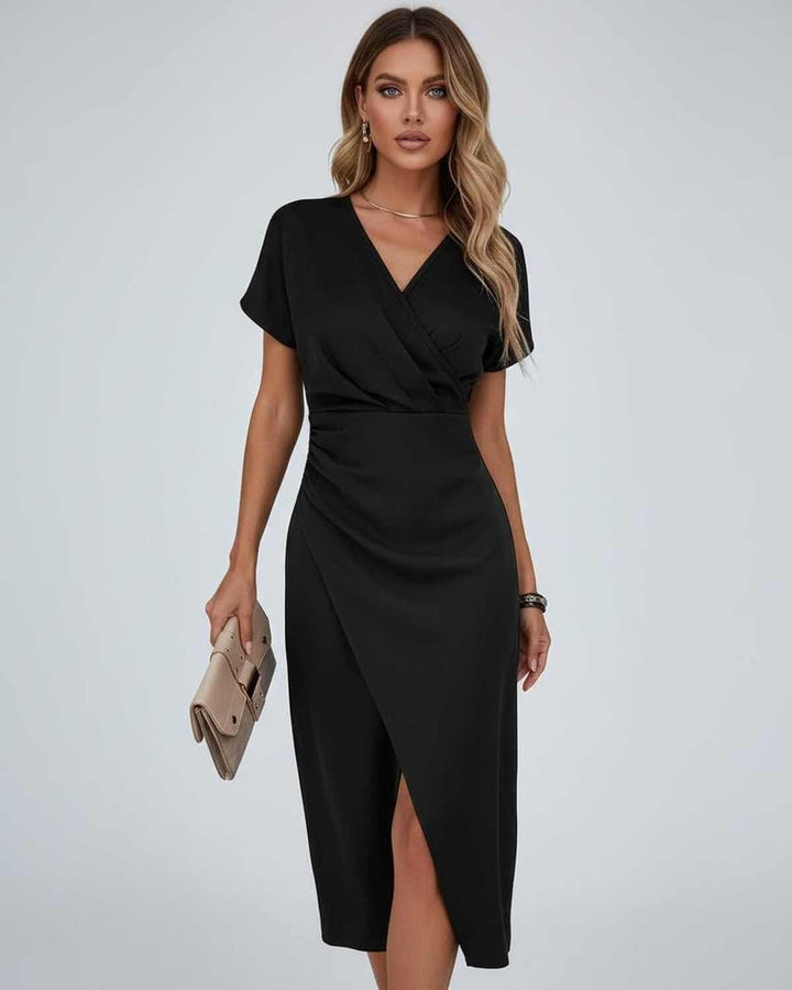 Women’s Elegant Draped Waist Split Hem Wrap Dress | Midi