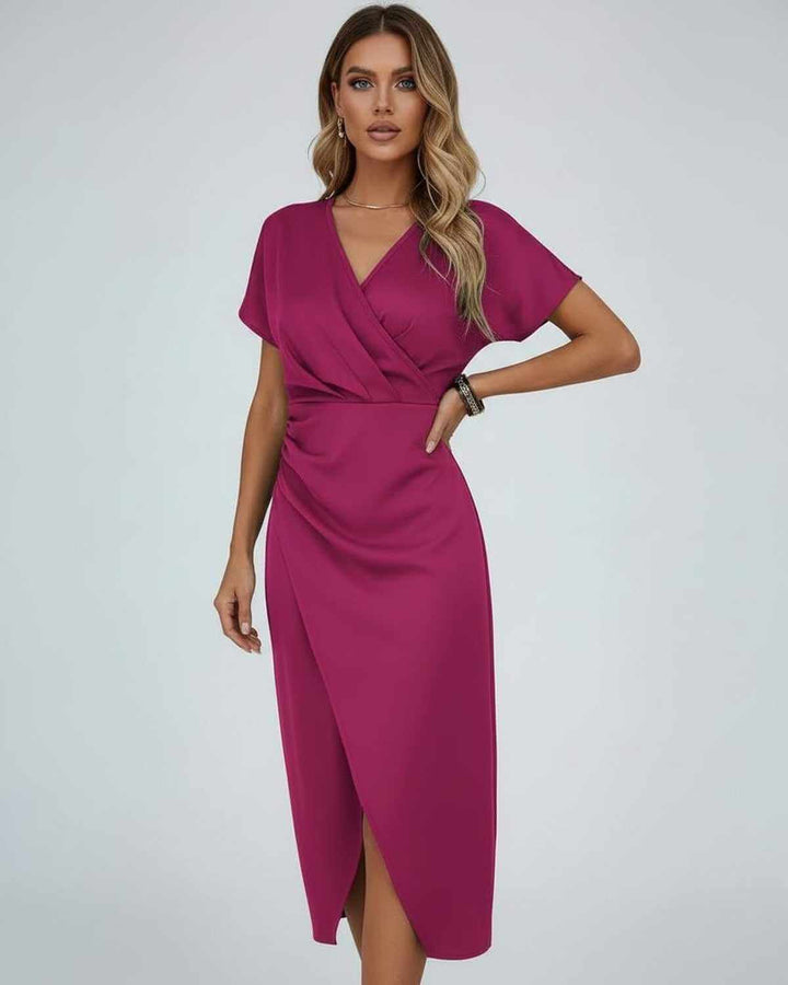 Women’s Elegant Draped Waist Split Hem Wrap Dress | Midi