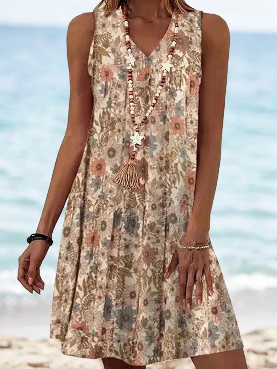 Women's Vintage Floral Sleeveless V-Neck A-Line Dress | Summer