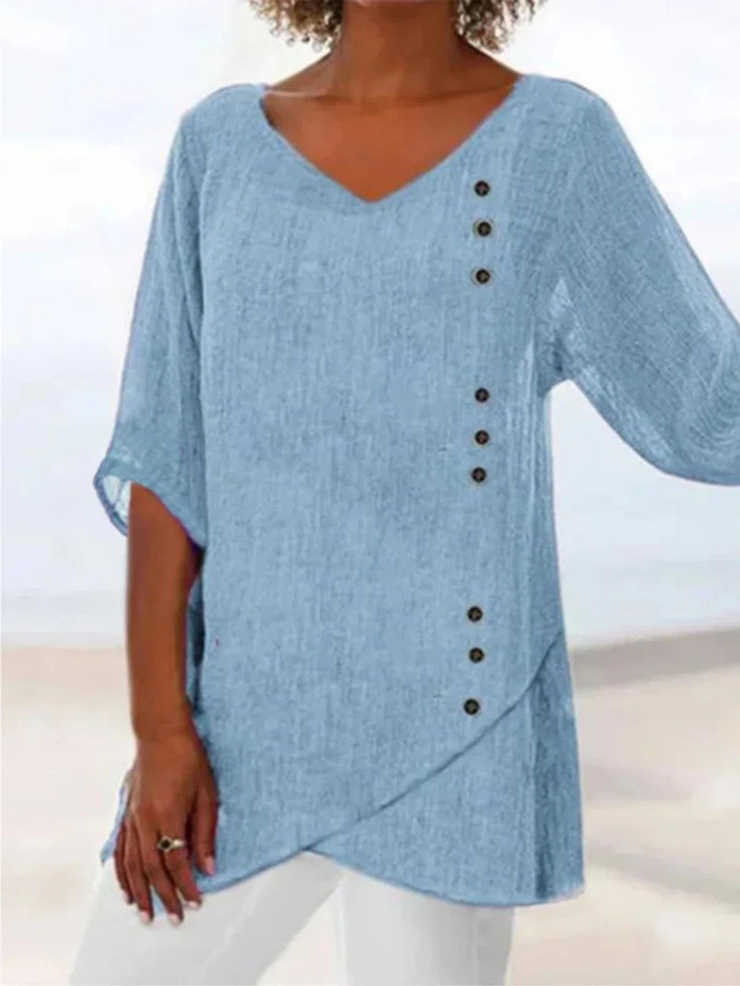 Women's Blue Summer V-Neck Blouse | 3/4 Sleeves