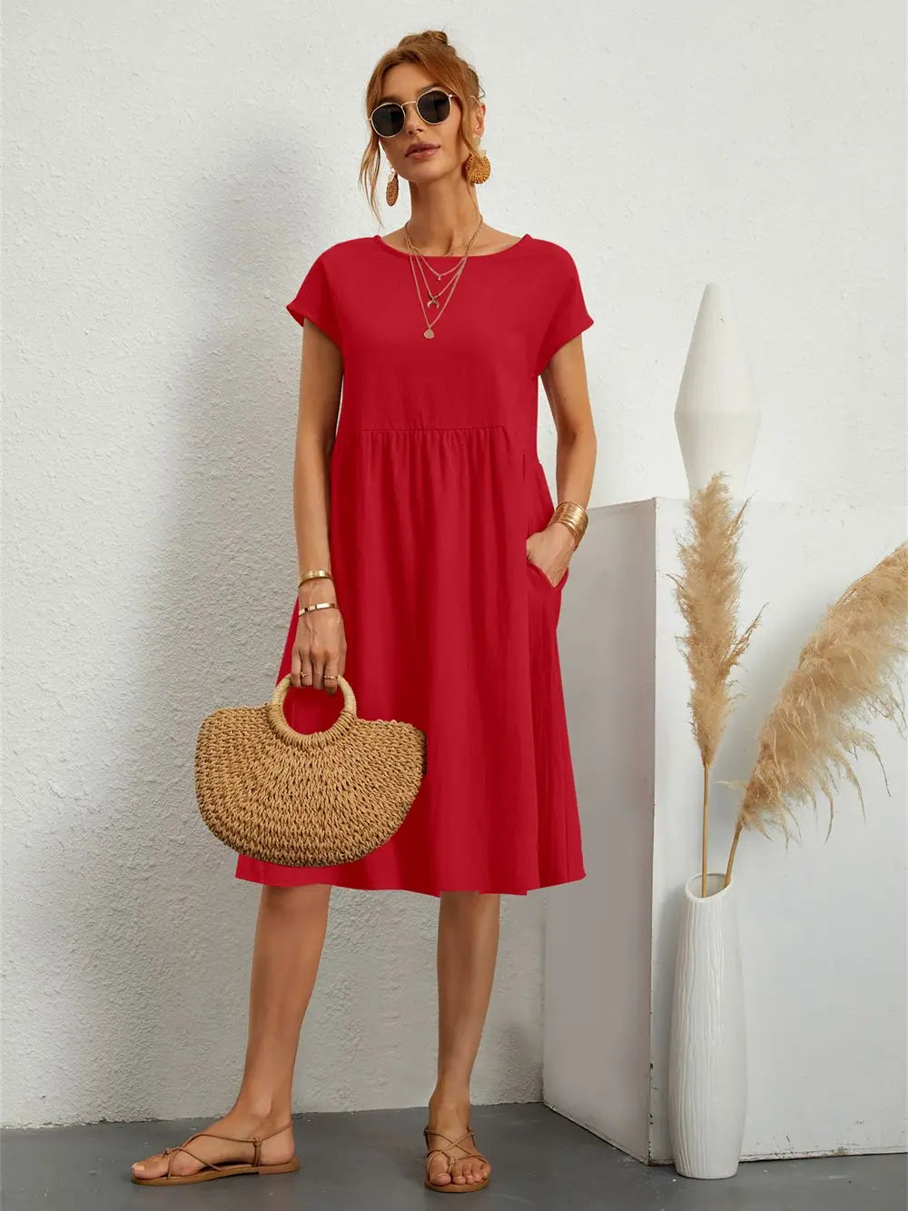 Women's Short Sleeves Pocket Dress | Midi