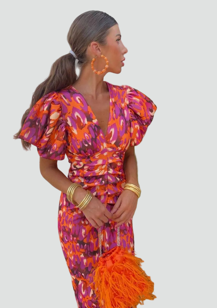 Women's Printed Puff Sleeve Dress | Midi