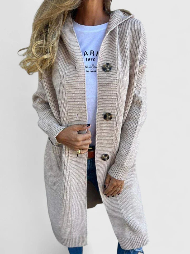 Gilet long à capuche en maille pour femme | Boutonné